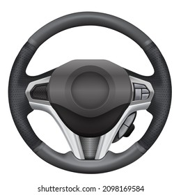 Realistic vector car steering wheel automobile multi function on white background illustration.