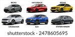 Realistic vector cars, in front view, different type cars includes: green micro, red hatchback, yellow sedan, gray crossover, blue SUV and a station wagon, all isolated in transparent background.
