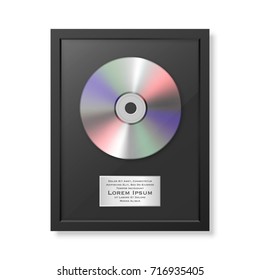 Realistic vector cd and label in glossy black frame icon closeup isolated on white background. Single album disc award. Design template. Stock vector mockup. EPS10.