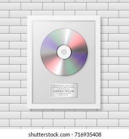 Realistic vector cd and label in glossy white frame icon closeup on white brick wall background. Single album disc award. Design template. Stock vector mockup. EPS10.