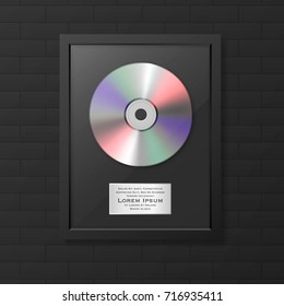 Realistic vector cd and label in glossy black frame icon closeup on black brick wall background. Single album disc award. Design template. Stock vector mockup. EPS10.