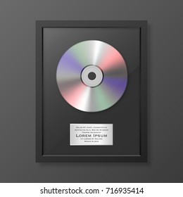 Realistic Vector Cd And Label In Glossy Black Frame Icon Closeup Isolated On Black Background. Single Album Disc Award. Design Template. Stock Vector Mockup. EPS10.