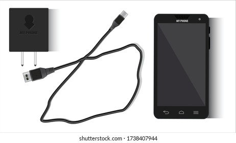 Realistic Vector Of A Cell Phone, Charger And Usb Cable From Top View