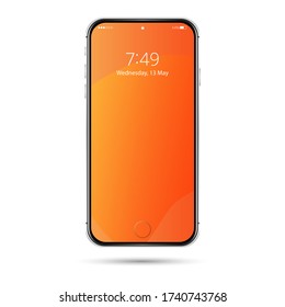 Realistic vector cell phone. Orange phone gradient in silver case. Vector mobile ui design