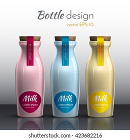 Realistic vector, ceramic, glass milk bottle. The design of the label on the bottle. Bottle milk Design. Three bottles of different colors