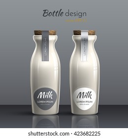 Realistic vector, ceramic, glass milk bottle. The design of the label on the bottle. Bottle milk Design. Black label, white label