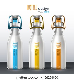 Realistic vector, ceramic, glass milk bottle. The design of the label on the bottle. Milk bottle design. Three bottles of different colors. A bottle with a narrow neck.