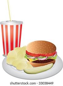 Realistic vector cheeseburger, chips, pickle and drink.