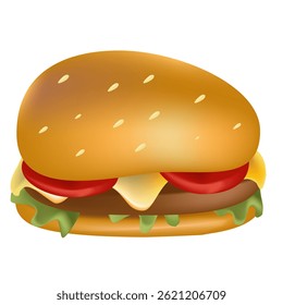 Realistic vector cheeseburger with meat, cheese and greens. Fast food.