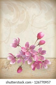 Realistic vector cherry blossom flower arrangement spring design with a beautiful bouquet of pink flowers, ragged edge of ornate old paper, sketchy flowers and  text on vintage grunge background