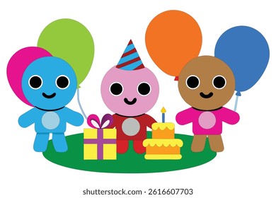 Realistic vector of children playing with balloons at a birthday party in a backyard, with festive decorations, smiles, and cake. Perfect for creative projects on a white background.