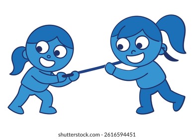 Realistic vector of children playing tug-of-war on a school field, showing laughter, tension, and dynamic postures with detailed shading. Perfect for creative projects on white background.
