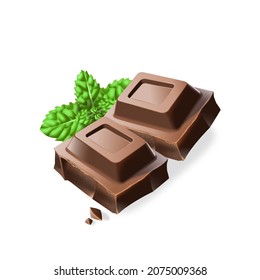 Realistic vector chocolate and mint isolated on white background