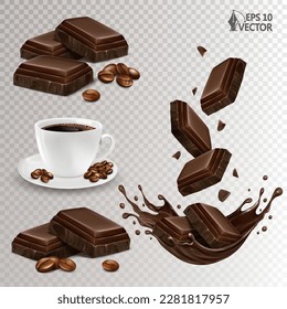 Conjunto de chocolate vectorial realista. Espresso caliente con granos de café. Trozos de chocolate oscuro cayendo en un salpicón líquido. Ilustración alimentaria.