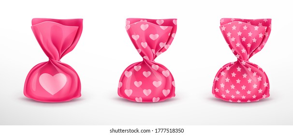 Realistic vector chocolate truffle in pink wrapper with different patterns, isolated on white background. Bright candy packaging, sweet food, delicious snack. Collection of delicious treats for kids.