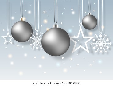 realistic vector Christmas balls and snowflake, star hanging on the ribbon - Vector illustration.