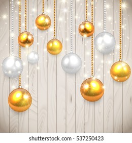  Realistic vector Christmas baulbles hanging on wooden table,