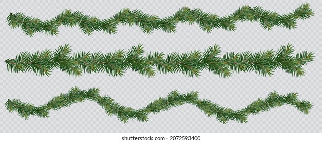 Realistic vector Christmas isolated tree branches garlands