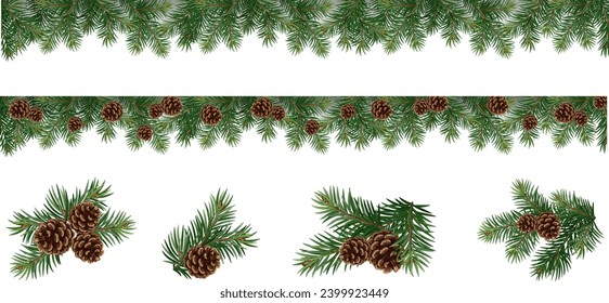 Realistic vector Christmas isolated tree branches garland and collections of Christmas tree branch with pine cones	