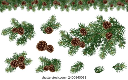 Realistic vector Christmas isolated tree branches garland and collections of Christmas tree branch with pine cones	
