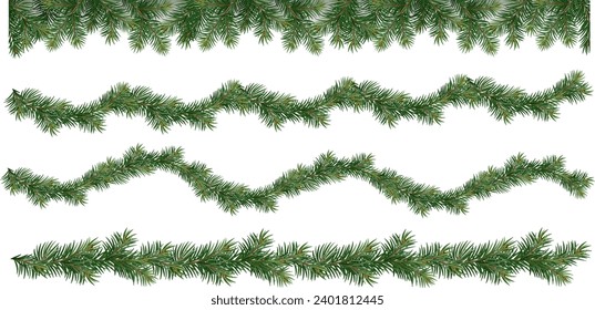 Realistic vector Christmas isolated tree branches garland and collections of Christmas tree branch with pine cones	
