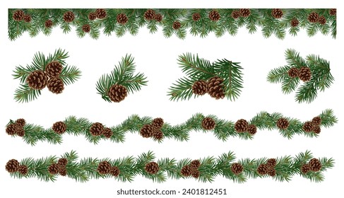 Realistic vector Christmas isolated tree branches garland and collections of Christmas tree branch with pine cones	
