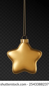 Realistic vector Christmas ornament of gold in the shape of a star, golden hanger cap, and string. Festive New Year decoration isolated on a dark background.