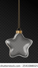 Ornamento realista de las Navidades de Vector del vidrio transparente en la forma de una estrella, casquillo de oro de la suspensión, y cuerda. Decoración festiva del año Nuevo aislado en un fondo oscuro.