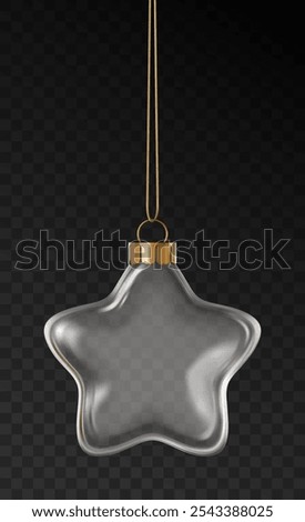 Realistic vector Christmas ornament of transparent glass in the shape of a star, golden hanger cap, and string. Festive New Year decoration isolated on a dark background.