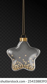 Realistic vector Christmas transparent glass ornament in the shape of a star, with small golden stars inside, golden hanger cap, and string. Festive New Year decoration isolated on a dark background.