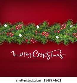 realistic Vector Christmas tree and berries wreath frame with text Merry Christmas. Greeting card winter element decor background illustration