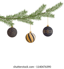 Realistic vector Christmas tree branch and balls. Pine tree branch with Christmas balls. Black and gold vector Christmas balls hanging on Christmas tree branch.