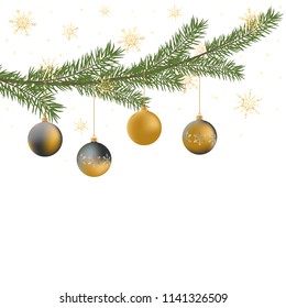 Realistic vector Christmas tree branch, balls, gold snowflakes and sparkles. Pine tree branch with Christmas balls. Gray and gold vector Christmas balls hanging on Christmas tree branch.
