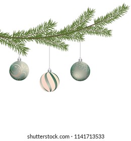 Realistic vector Christmas tree branch and balls. Pine tree branch with Christmas balls. Silver and green vector Christmas balls hanging on Christmas tree branch.