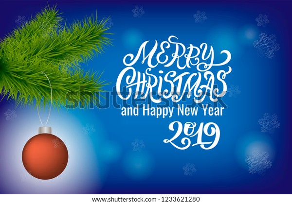 Realistic vector christmas tree branch with\
christmas ball on blurred background with lettering, stars and\
bokeh for Christmas and New Year greeting car, invitation, poster,\
banner, mockup,\
template