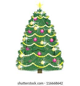 realistic vector Christmas tree decorated with fairy lights, colored balls and star isolated on white