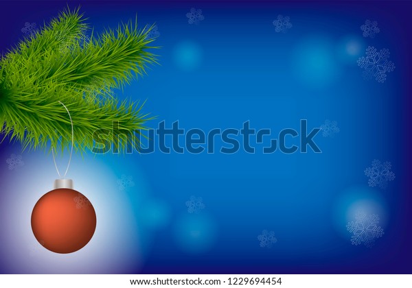 Realistic vector christmas tree fir branch with\
red christmas ball on blurred background with stars and bokeh for\
Christmas and New Year greeting car, invitation, poster, banner,\
mockup, template