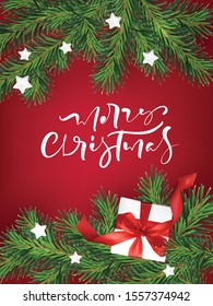 realistic Vector Christmas tree Greeting card, gift and berries wreath frame with text Merry Christmas. Isolated winter element decor background illustration