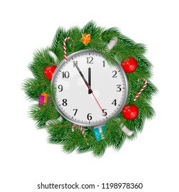 Realistic Vector Christmas Wreath with Clock Showing 5 Minutes to Twelve. Christmas, New Year Design Elements Isolated. Resource for Creating Postcards, Calendars or Posters, Presentations or Banners.