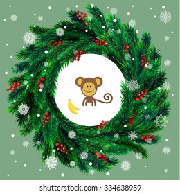 Realistic vector christmas wreath with red berries on evergreen branches and cartoon monkey. 2016 New Year Symbol