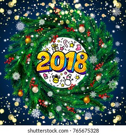 Realistic vector christmas wreath with red berries on evergreen branches on blue background. 2018. Vector illustration.