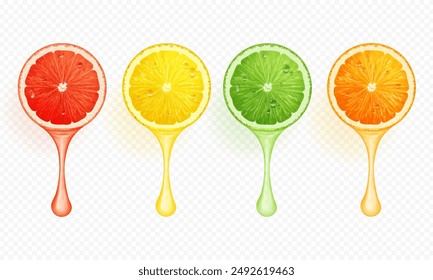 Realistic vector citrus slices with drop of fresh juice. Grapefruit, lemon, orange and lime slices top view on transparent background.