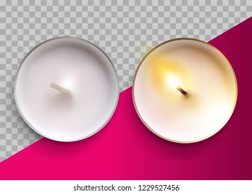 Realistic Vector Classic Candle in a Metal Cup. Lit and Unlit White Wax Tealight Candles. Top View. Festive Design Element for Christmas Card, Wellness Banner, Romantic Valentines Day Template. 