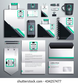 Realistic vector. Classic corporate identity design template black, green, white. Business stationery