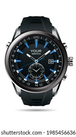 Vector realista de reloj reloj cronógrafo de acero gris tablero negro cara blanco número de texto diseño azul elegancia de lujo para los hombres de fondo blanco.