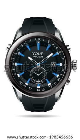 Realistic vector of clock watch chronograph grey steel black dashboard face white number text blue design luxury elegance for men on white background.