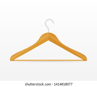 Realistic vector clothes coat wooden hanger close up isolated on white background. Vector stock illustration.