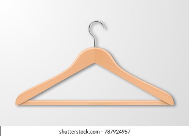 Realistic vector clothes coat wooden hanger close up isolated on white background. Design template, clipart or mockup for graphics, advertising etc