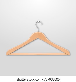 Realistic vector clothes coat wooden hanger close up isolated on white background. Design template, clipart or mockup for graphics, advertising etc