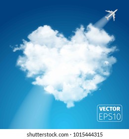 Realistic vector cloud heart on beautiful blue sky with plane.
